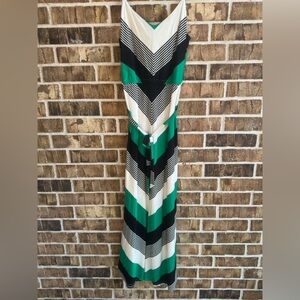 Neiman Marcus Green, Black, and White Chevron Maxi Dress